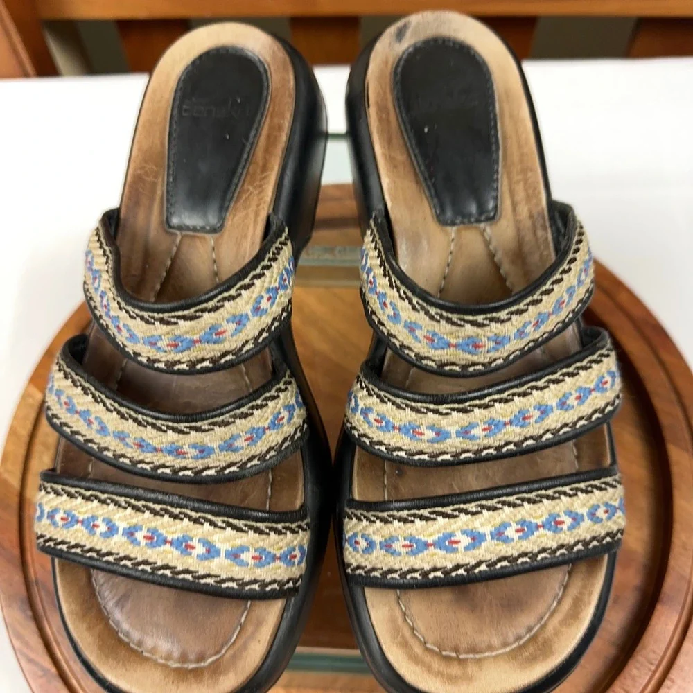 Dansko Womens Embroidered Triple Strap Slide Sandals Black Platform Wedge 39
